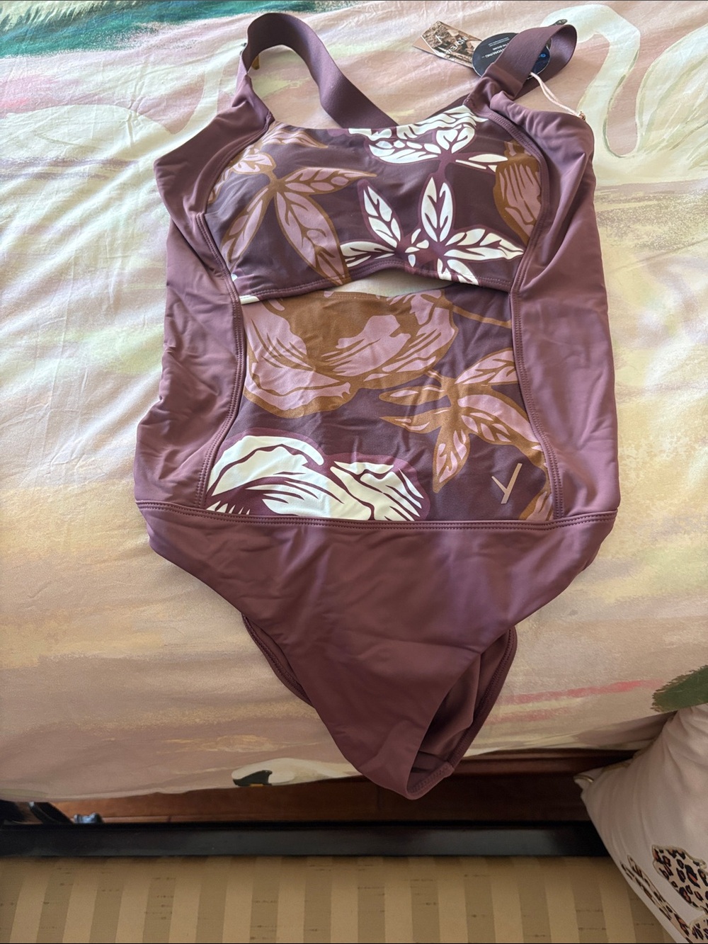 Floral Cutout One-Piece Swimsuit in deep wine color